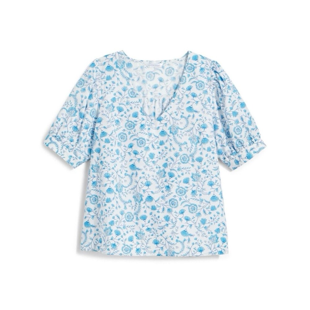 Draper James Cotton Heidi Top Blue Floral Print VNeck Puff Sleeve Blouse Size XL